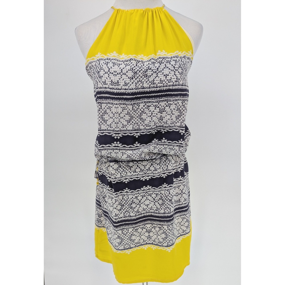 ViX Paula Hermanny Silk Halter Mini Dress Womens‎ S Yellow Navy Blue Geometric